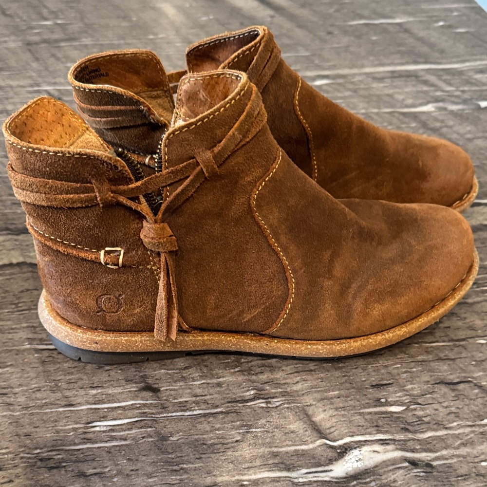 Born Brown Suede Ankle Booties with Tassel Wrap